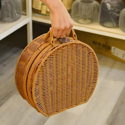 Vintage Rattan Basket, Round Woven Picnic Basket Purse with Handle Small Suitcase Retro Weaving Vine Weaving Carrying Case Gift Box for Beach, Travel & Daily Use. (M)