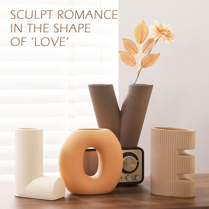 KingZiYu Modern Ceramic Vase Set of 4, Love Letter Shaped Decorative Vases, Neutral Boho Home Decor for Table Centerpiece, Living Room, Bedroom, Wedding, Gift (Khaki, Dark Brown, Orange, Beige)