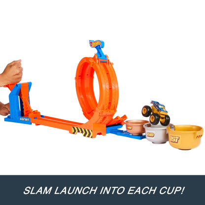 Hot Wheels Monster Trucks Toy Truck & Track Set, Loop-And-Flip Trophy Challenge Playset & 1:64 Scale 50th Anniversary Die-Cast Bigfoot, 2 Ways to Play, JBX64