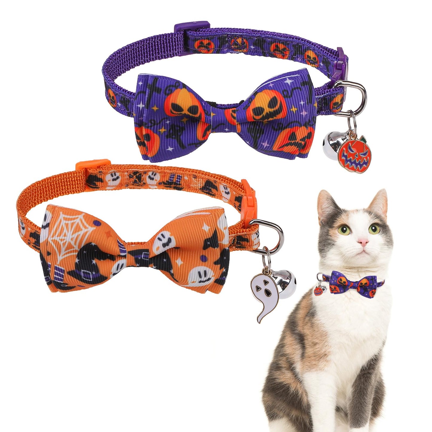 SCENEREAL Halloween Cat Collar Breakaway 3 Pack, Safety Collars, Pet Accessory for Outdoor and House Cats Kittens, Orange Purple