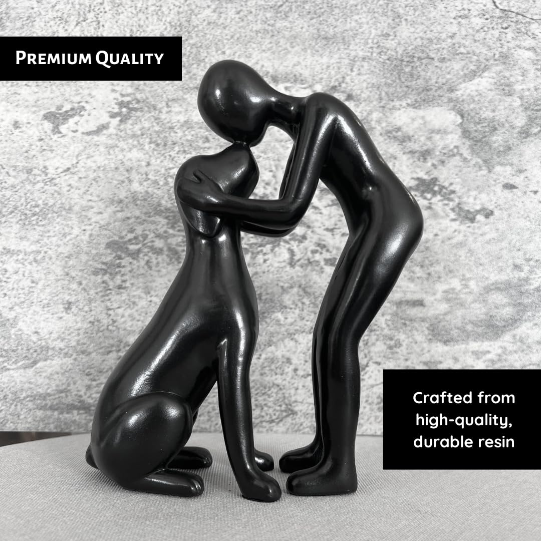 Pozbee Dog Owner Statue 8x6 inch, Black Resin Dogs Sculpture, Loss of Dog Sympathy, Home Office Desk Shelf Decor Accent, Cute Pet Gift for Puppy Moms (Black)