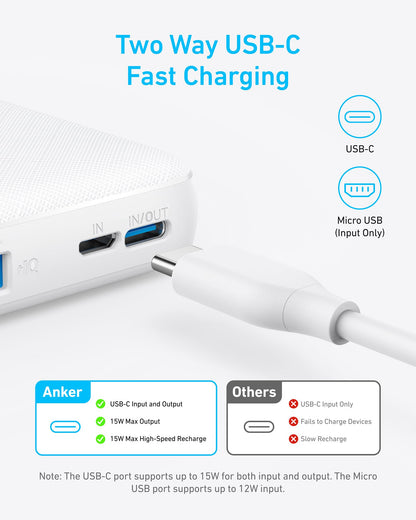 Anker Power Bank(PowerCore 10K), Compact Travel-Ready 10,000mAh Battery Pack with PowerIQ Charging Technology, 5V/3A High-Speed Charging for iPhone, iPad,and More(USB-C Input and Output(Black), 1pack)