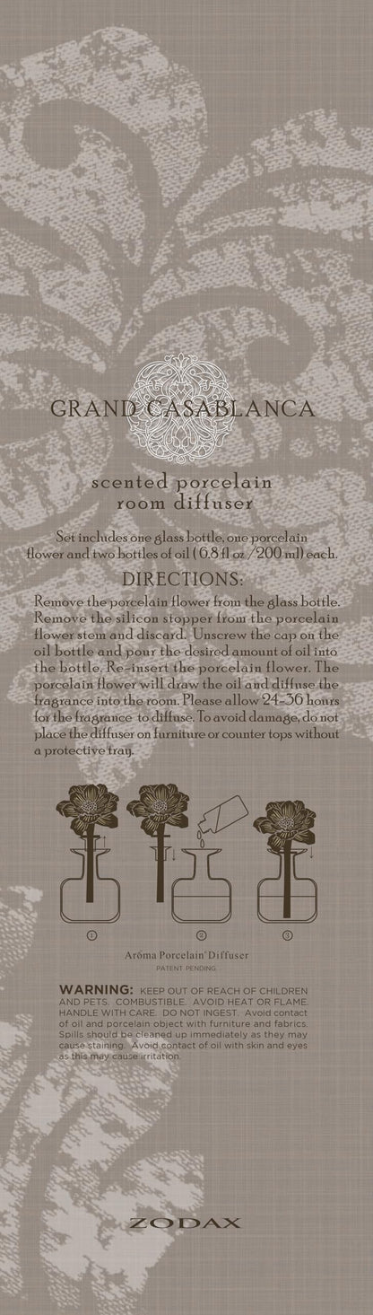 Zodax Grand Casablanca Porcelain Oil Diffuser - Home Fragrance Oil Diffuser Ideal for Living Room, Bathroom, Office - Flower Design - Gift Box Packaging Included - Tahitian Gardenia - 6.76 Oz.