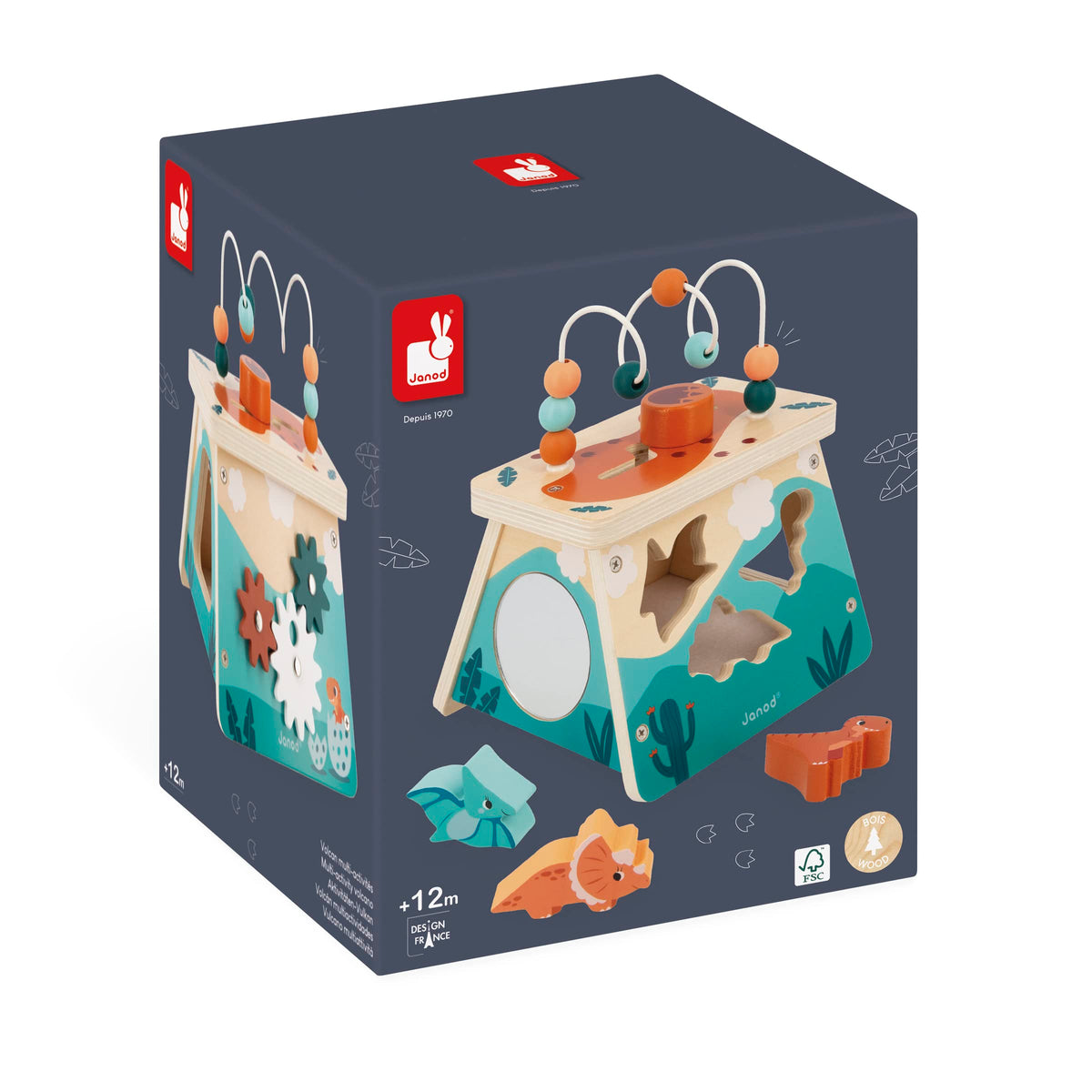 Janod Dino - Dinosaur Shape Sorter Wood Multi-Activity Volcano - 5 Activities in One - Ages 12 Months- 3 Years - J05827