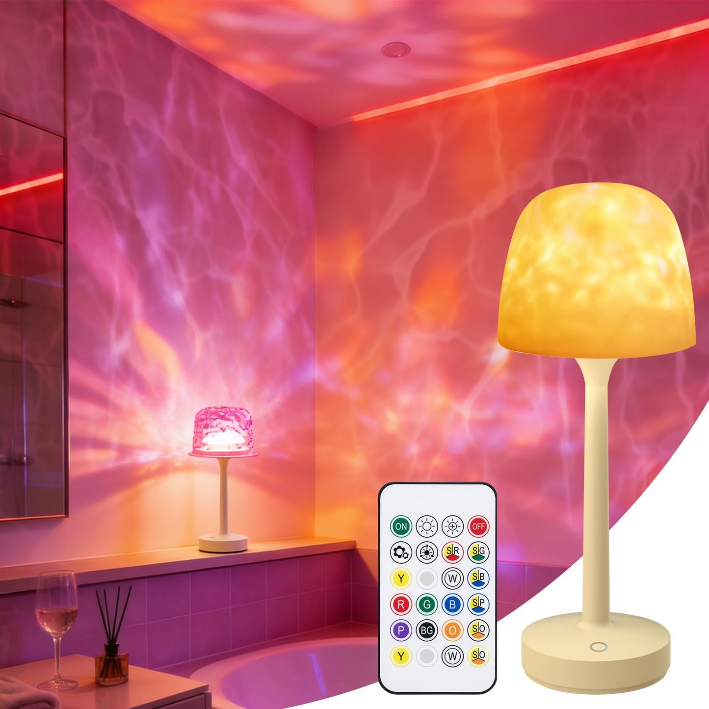 Waterproof Bathroom Shower Lamp with Ocean Wave Projector, 2-in-1 Table Night Light, 16 RGB Colors, 3 White Modes, 5000mAh Rechargeable USB-C Lamp with Touch & Remote for Spa Shower, Bedroom, Gifts