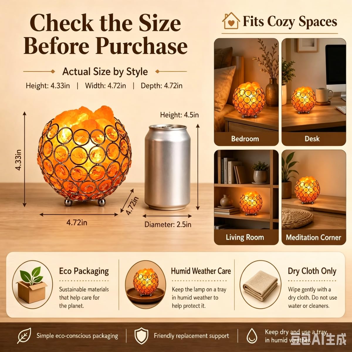 LOOPUPU Himalayan Salt Lamp 5in Plug-in Natural Pink Salt Rock Night Light Dimmer Switch 2 Bulbs Included Bedroom Desk Decor (Jeweled Globe)