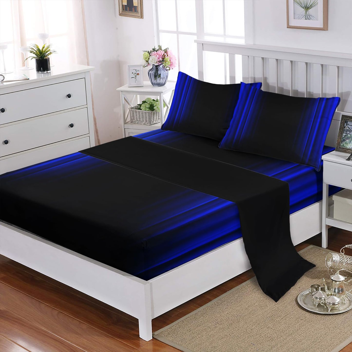 Nttopship Blue and Black 4 Pieces Bed Sheet SetsQUEEN Size Abstract Ombre Bedding Sets with 16" Deep Pockets Abstract Ombre Bedroom Decor,Bedding Set 4 PCS(1 Fitted+1 Flat+2 Pillowcases)