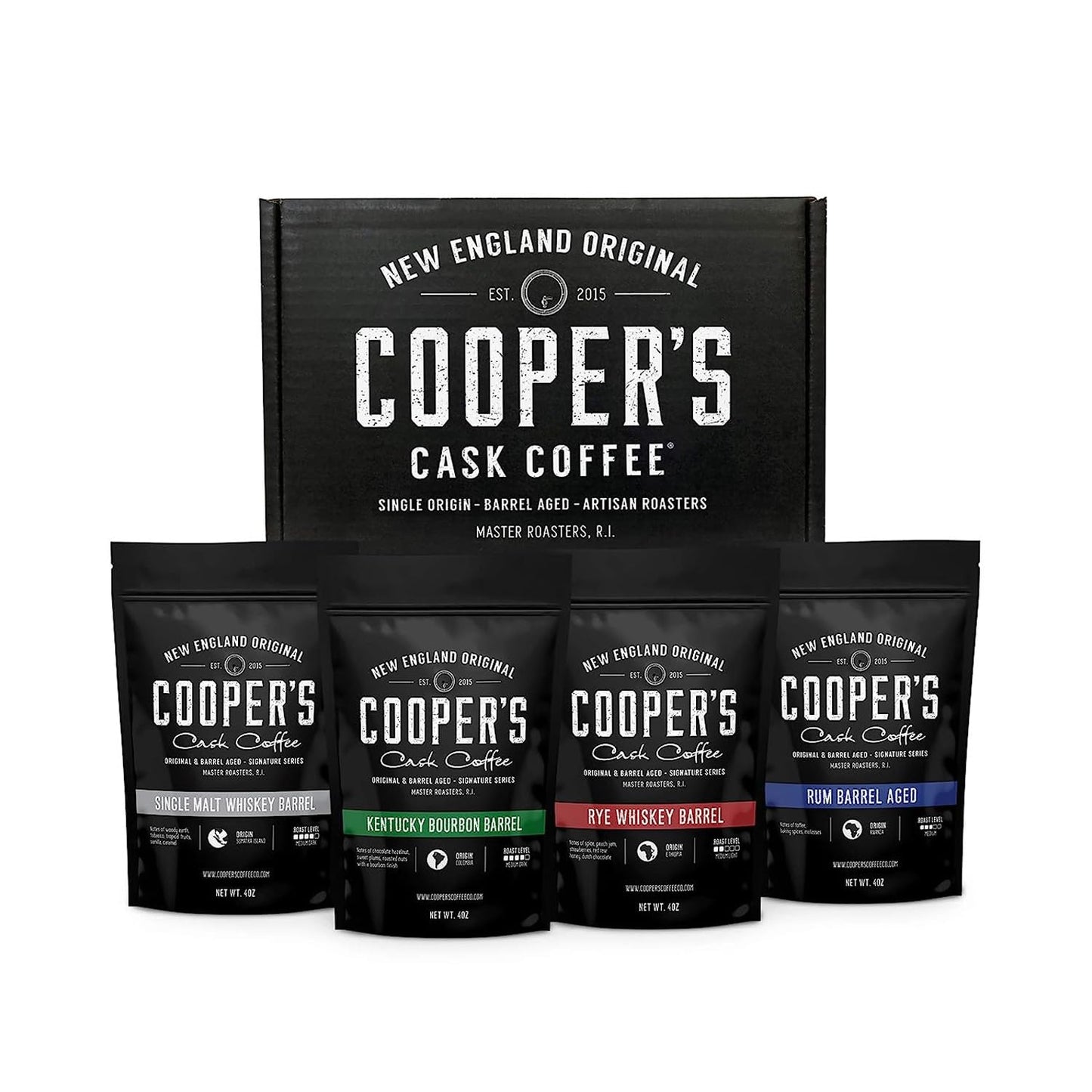 Bourbon & Whiskey Barrel Aged Coffee Box Set - 4-Bag Roasted Coffee Sampler- Bourbon Colombian, Malt Whiskey Sumatra, Rye Whiskey Ethiopian, Rum Barrel Rwanda, (Whole Bean, 4 Ounce (Pack of 4))