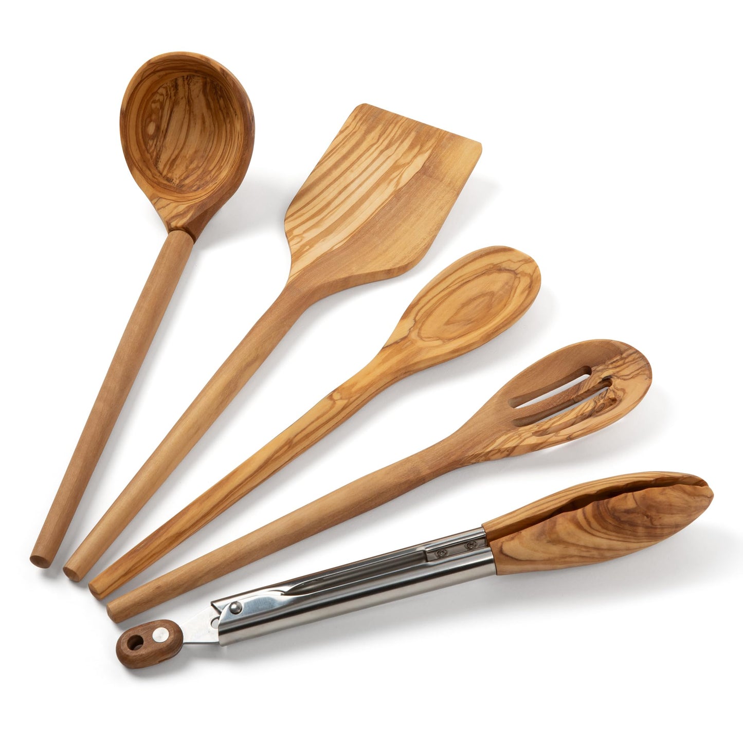 Salt & York 5-Piece Olive Wood Kitchen Utensil Set with Turner, Tongs, Slotted Spoon, Ladle and 12" Spoon, Farmhouse Style Kitchen & Cookware, Ideal for Entertaining, Wedding and Housewarming Gift