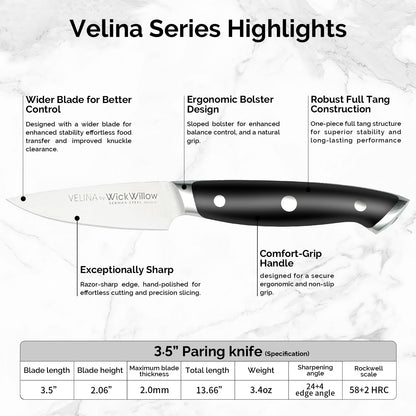 WICKWILLOW 3.5" Paring Knife – Razor Sharp German Steel – Small Kitchen Knife for Peeling, Trimming & Precision Work – Full Tang & Ergonomic Handle – Gift Box – Velina Series