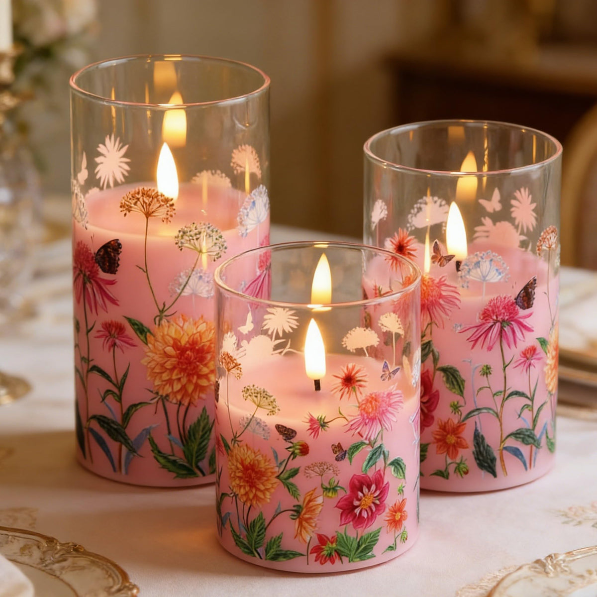 Girimax Pink Floral Glass Flameless Pillar Candles with Remote, Flickering Spring LED Battery Candles Home Decor Set of 3