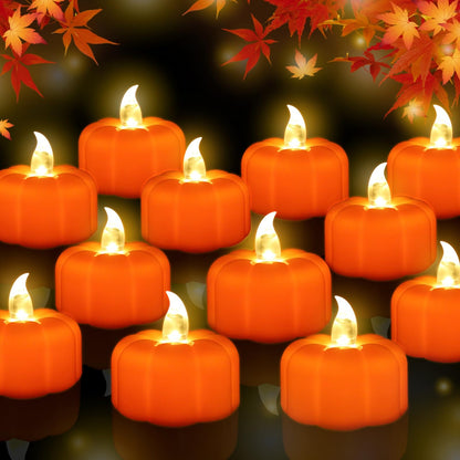 CESOF Thanksgiving Decorations Pumpkin Tea Lights Fall Decor, 12 Pack LED Orange Pumpkin Lights Flameless Candles Battery Operated, Halloween Flickering Tealight Candle for Home Table Indoor Party