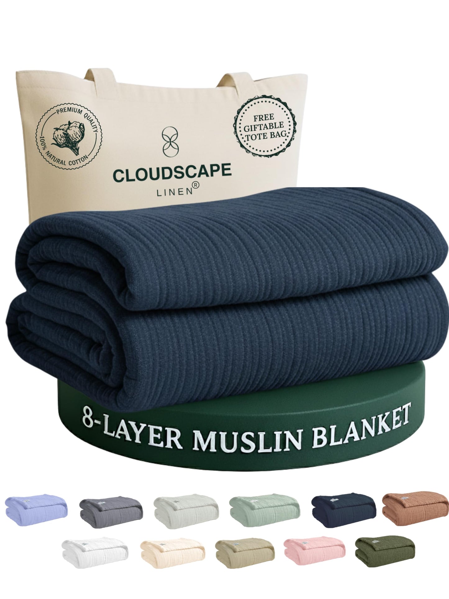 CLOUDSCAPE 8 Layer Muslin Blanket for Adults, 100% Cotton Queen Size Blankets for Bed, 92" x 92" Fits Upto Full Bed, Soft, Lightweight Breathable Summer Blanket Queen Size for All Season- Ensign Blue