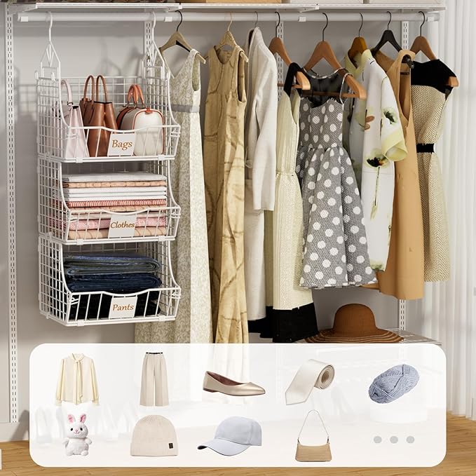 Hanging Closet Organizers and Storage, 2 Tier Closet Shelf Clothes Organizer