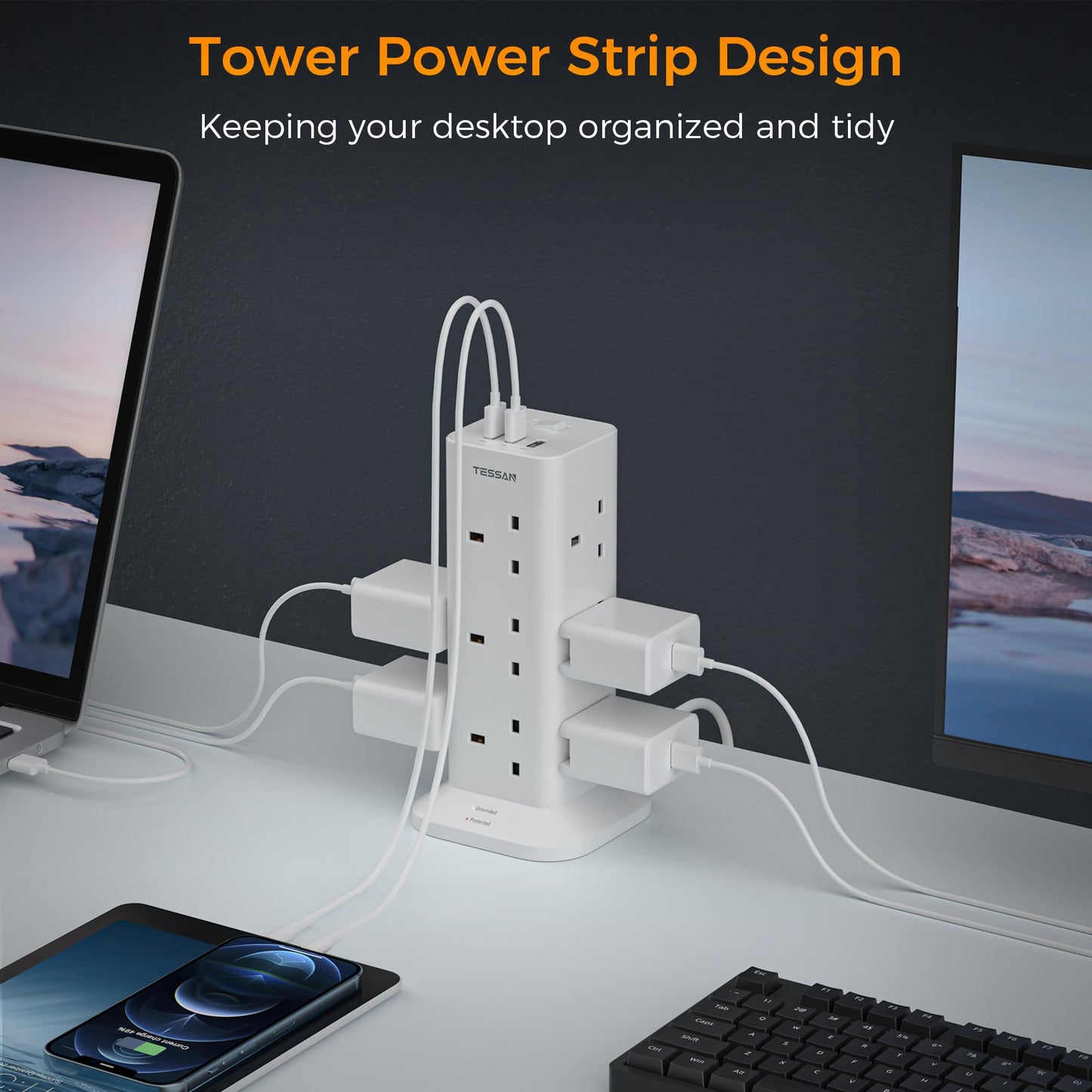 Tower Extension Lead with 3 USB Slots, TESSAN 12 Way Multi Plug Adaptor with Switch, Surge Protected Power Strip with 2M Cable (13A 3250W) for Home, Office, Kitchen, School Supplies