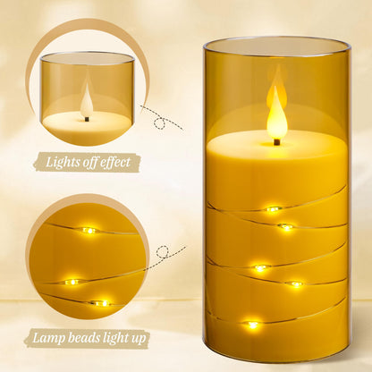Kiexung Flashing Flameless Candles with String Light, Battery Powered Candle, Recessed String LED Candles, Indestructible Plexiglass Candle with Remote Control, Set of 3, Amber
