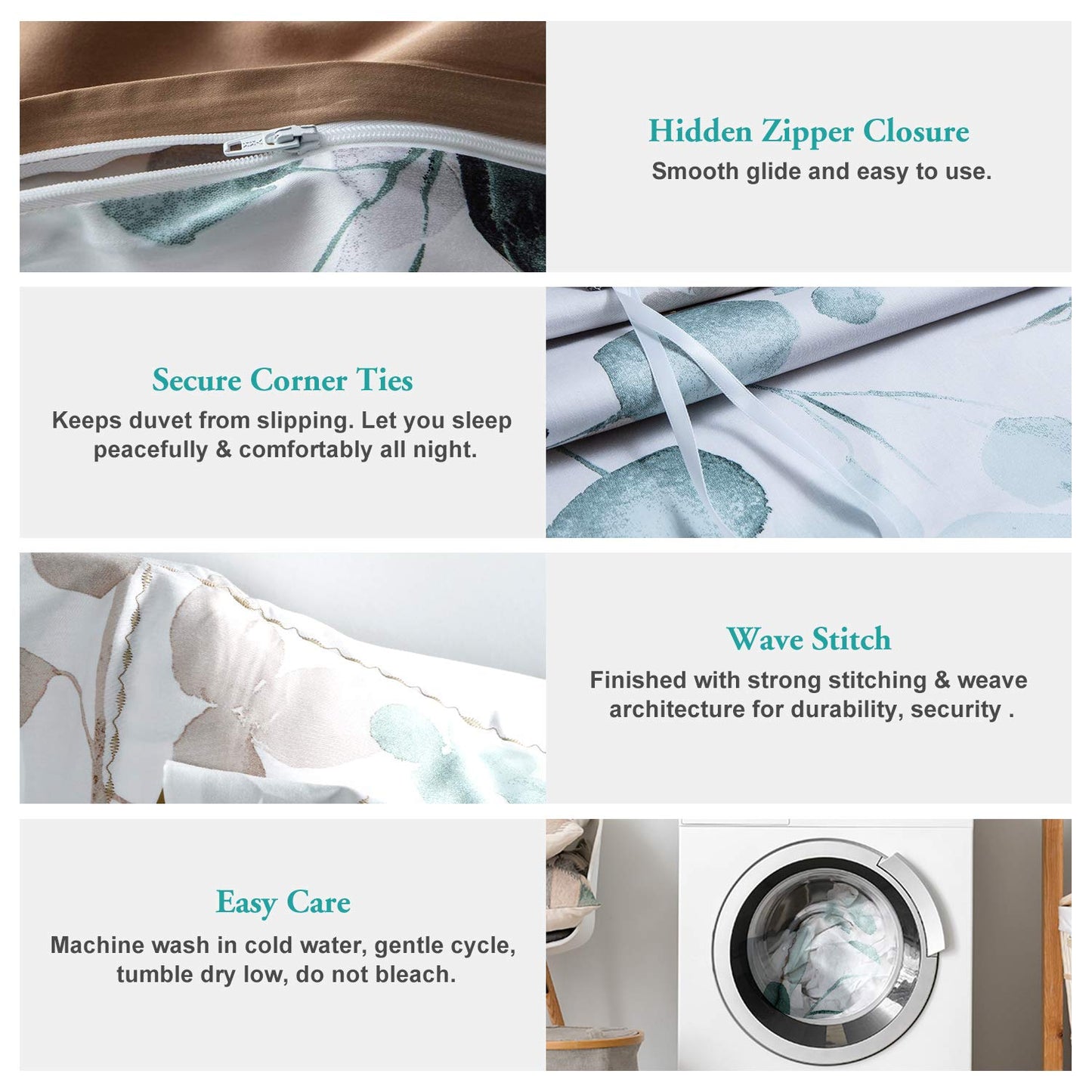 MILDLY Floral Duvet Cover Set - 100% Long-Staple Cotton Gradient Teal Leaves Pattern Comforter Cover 3pcs Soft Breathable Luxury Bedding for All Season