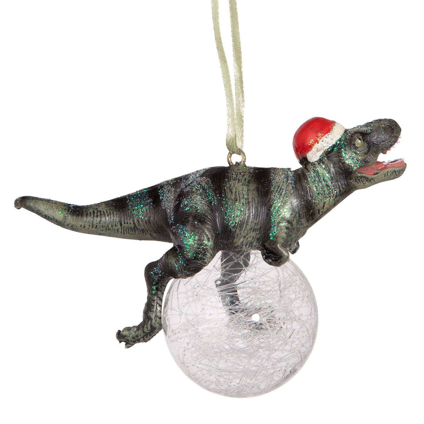 Design Toscano Blitzer the T Rex Dinosaur Christmas Tree Ornament, 5 Inch Long, Cast Stone Resin with Glass Ball, Green Glitter Finish