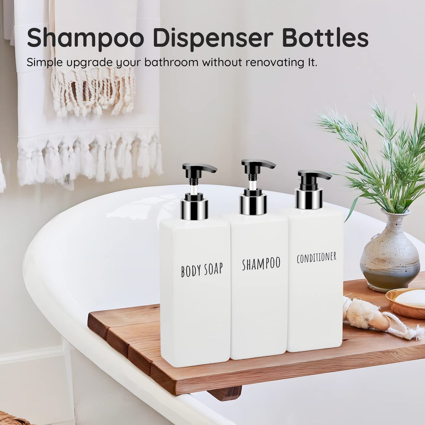 Segbeauty Square Soap Dispenser Refillable, 3pcs 16.9oz Plastic Pump Bottles, 500ml Empty Reusable Modern Bathroom Kitchen Liquid Container Set for Dispensing Shampoo Conditioner Body Soap White