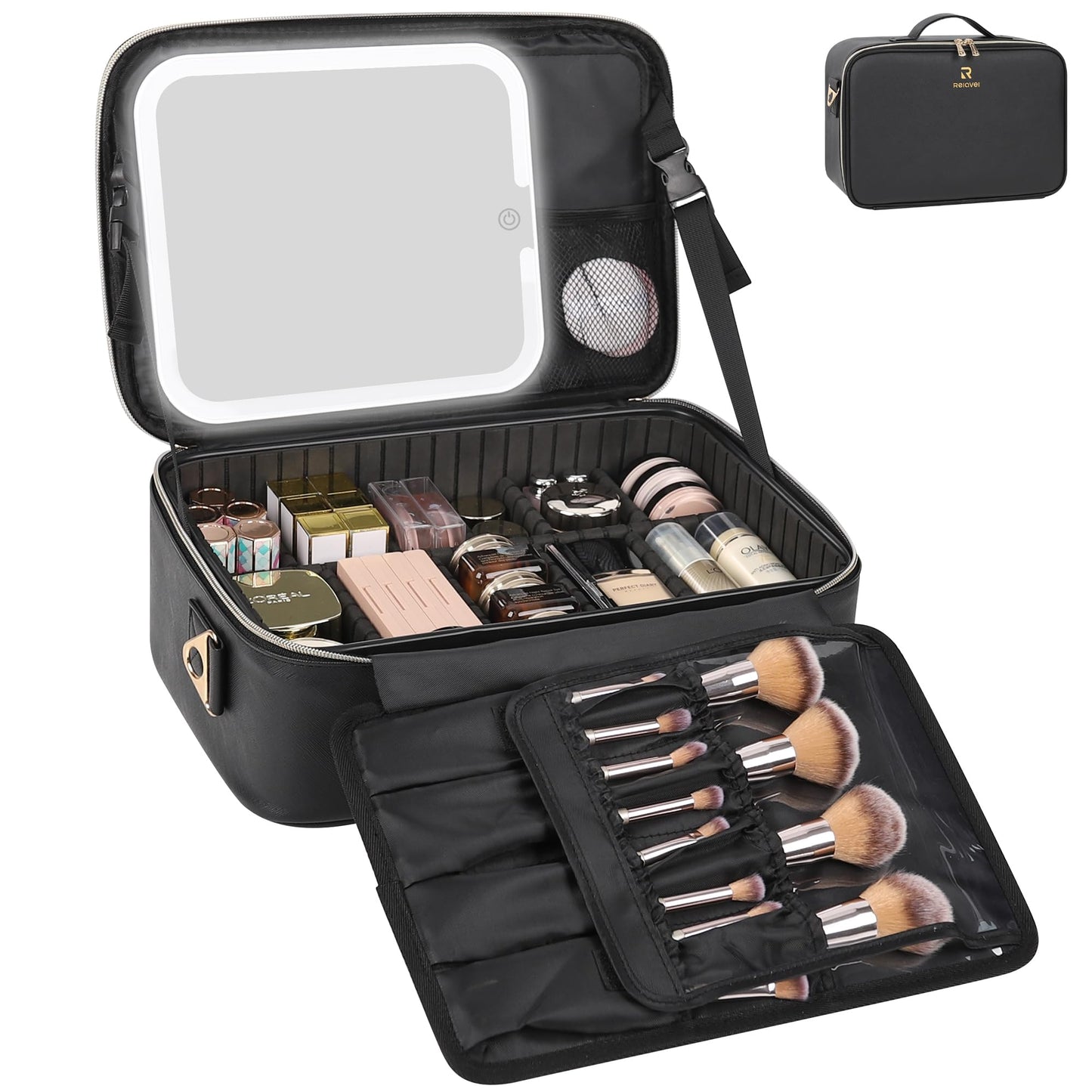 Relavel Travel Makeup Bag With LED Mirror, Cosmetic Train Case with Light up Mirror, Portable Makeup Artist Organizer Bag with Adjustable Dividers, Makeup Brush Holder Storage, Black
