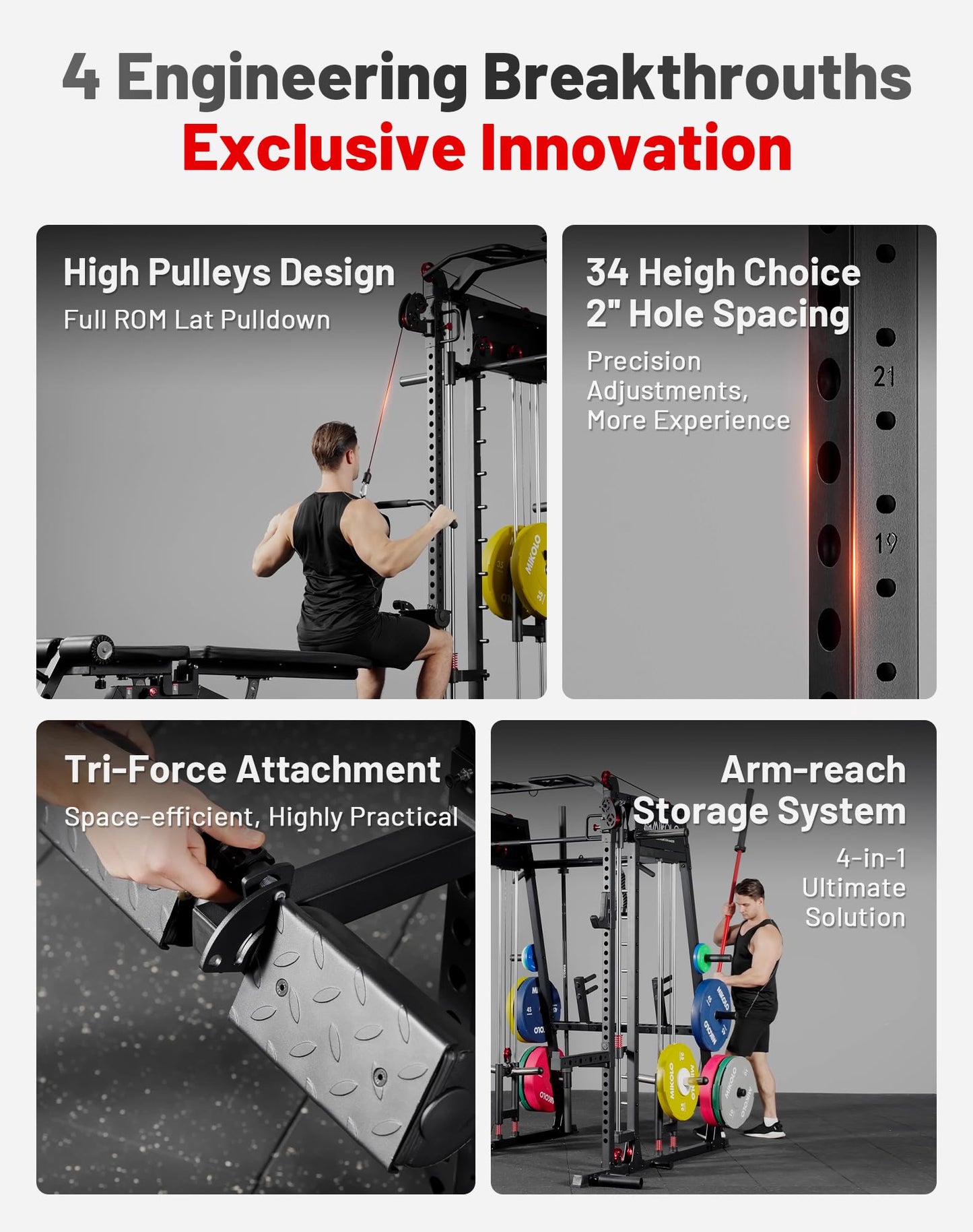 Mikolo Smith Machine, 2200lbs Squat Rack with LAT-Pull Down System & Cable Crossover Machine, Power Rack and Packages (BPRO230CPHGP with Weight Stack)