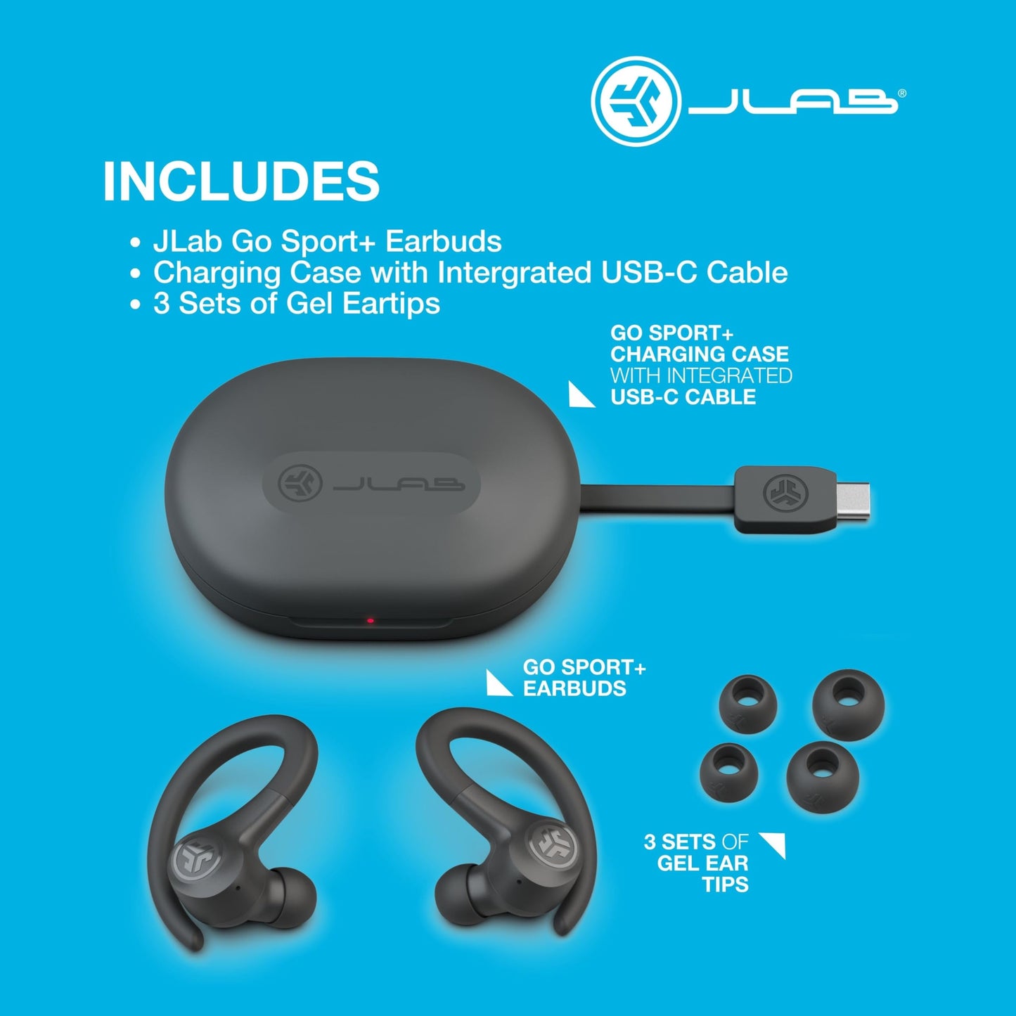 JLab Go Air Sport+ Running Headphones - True Wireless Headphones Bluetooth, Hook Over Ear Earbuds for Sports & Gym, 35+ H Playtime In Ear Buds, IP55 Sweat-Resistant, Be Aware Mode, Graphite