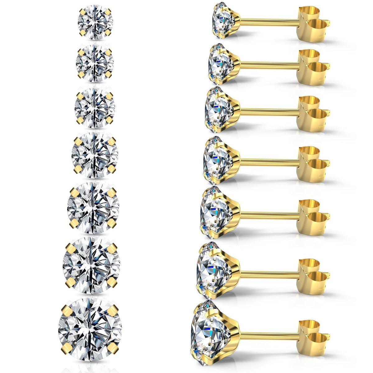 JICHENGEM 7Pairs Hypoallergenic Cubic Zirconia Titanium Stainless Steel Silver Stud Earrings Set