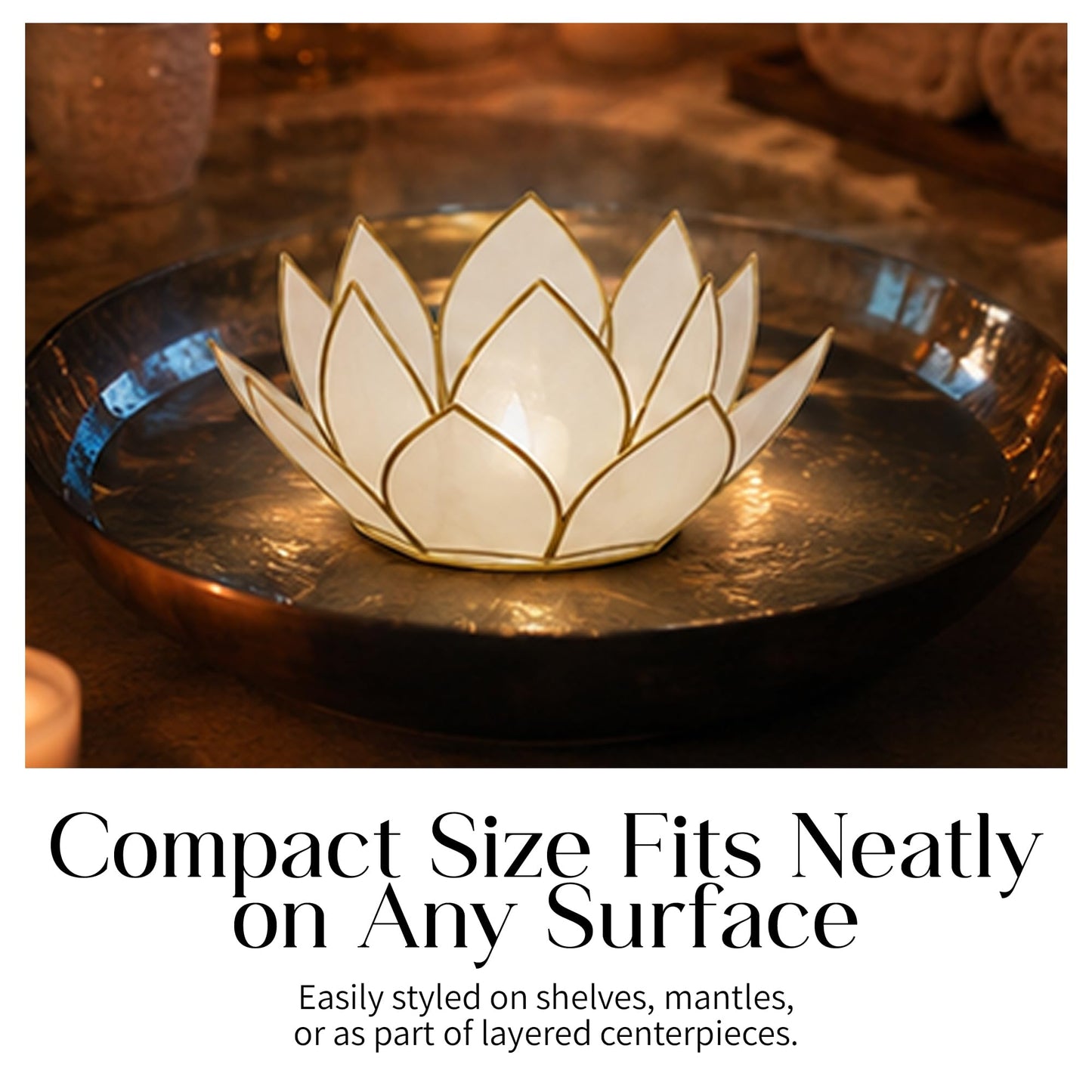Om Gallery Mini Gemstone Lotus Tealight Holder - Handcrafted Capiz Shell Design for Soft Glow, Elegant Home & Table Decor, Wedding Centerpieces, Votive Candle Styling & Thoughtful Gifting - Pearl