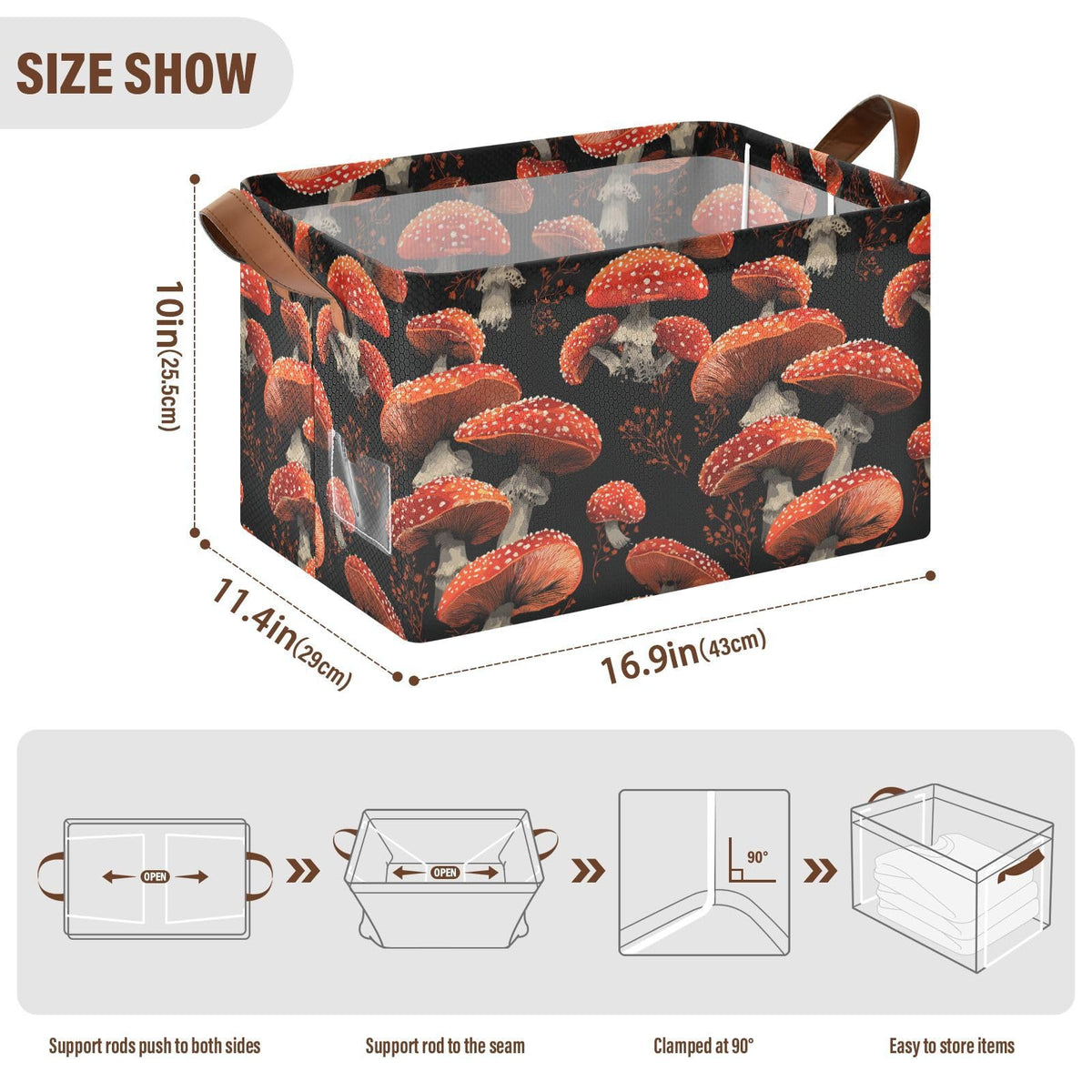 Red Mushrooms Amanita Mushroom Storage Basket Foldable Cube Storage Bins with Handles&Label Waterproof Collapsible Organizer Box Bin Large Rectangle Decorative Baskets for Shelves Home Room Laundry