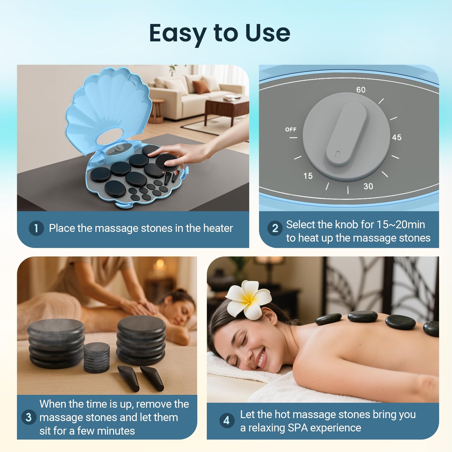 StateRiver Shell Hot Stones Massage Set, 18-Piece Basalt Hot Stones with Heater Kit, Featuring an Elegant Seashell Design for Spa Use. Perfect for Relaxation, Healing, and Pain Relief. （Blue）