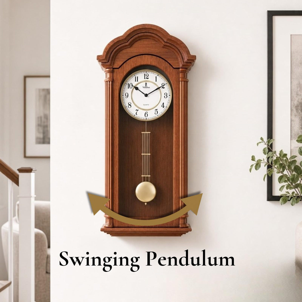 Grandfather Wall Clock with Pendulum — Large Hanging Wooden Battery Operated Non-Chiming Clock 26 x 12 inch - Quiet, Solid Wood Clock for Living Room, Entryway & Home Décor