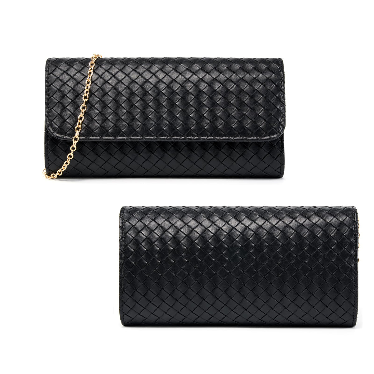 MUDUO Women's Woven Evening Bag Faux Leather Shoulder Handbag Fashion Crossbody Clutch Purse (BZ18-Black)