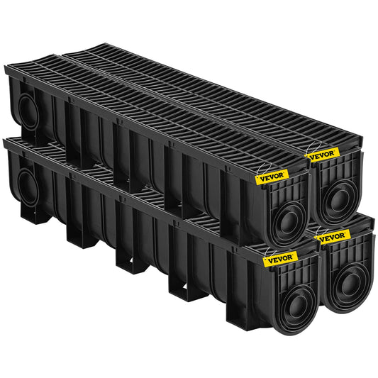 VEVOR Trench Drain System 4 Pack, Channel Drain with Plastic Grate 5.9 x 7.5 in HDPE Drainage Trench, Black Plastic Garage Floor Waterway 4 x 39 in with 4 End Caps for Garden Driveway