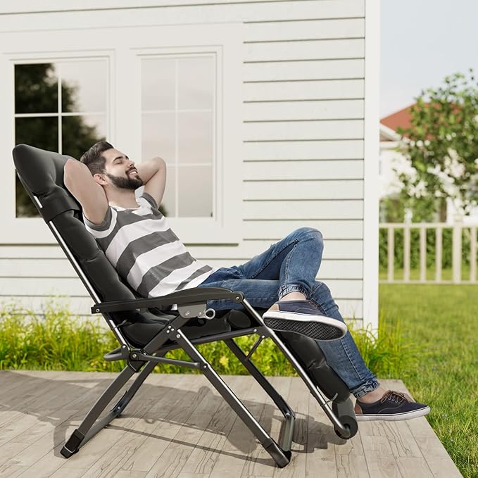UDPATIO Oversized Zero Gravity Chair, 33In XXL Patio Reclining Chair with Cushion, Outdoor Folding Recliner with Pillows|Cup Holder|Foot Rest|Padded Headrest, Brown Grey, Support 500LB
