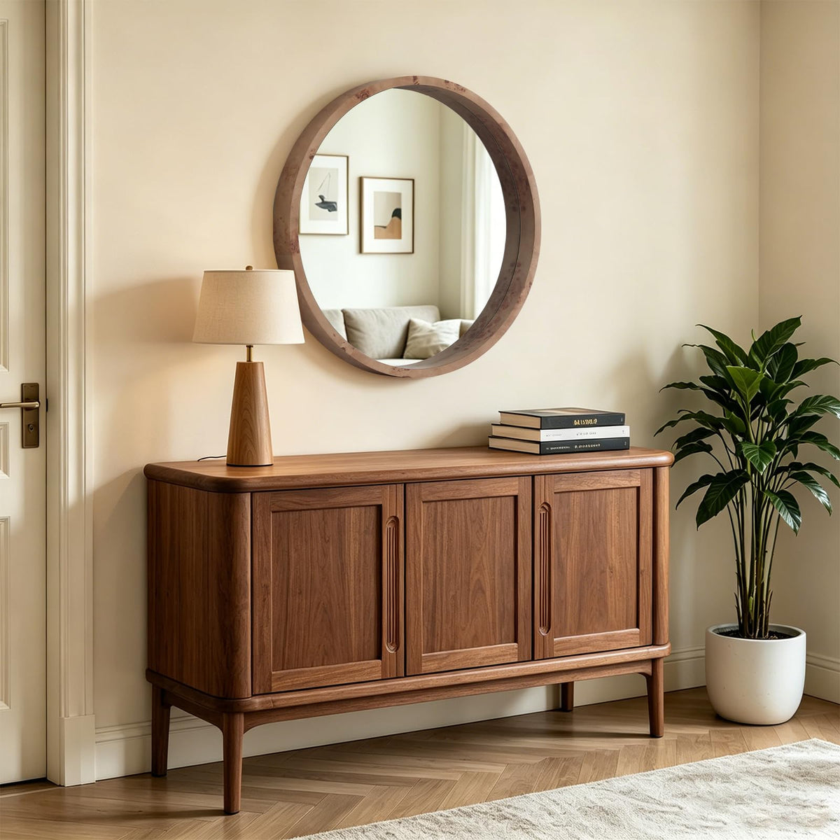 WallBeyond 24 Inch Round Wood Mirror, Farmhouse Circle Wooden Frame Wall Mounted Mirror for Bathroom Vanity, Living Room, Bedroom, Entryway, Natural