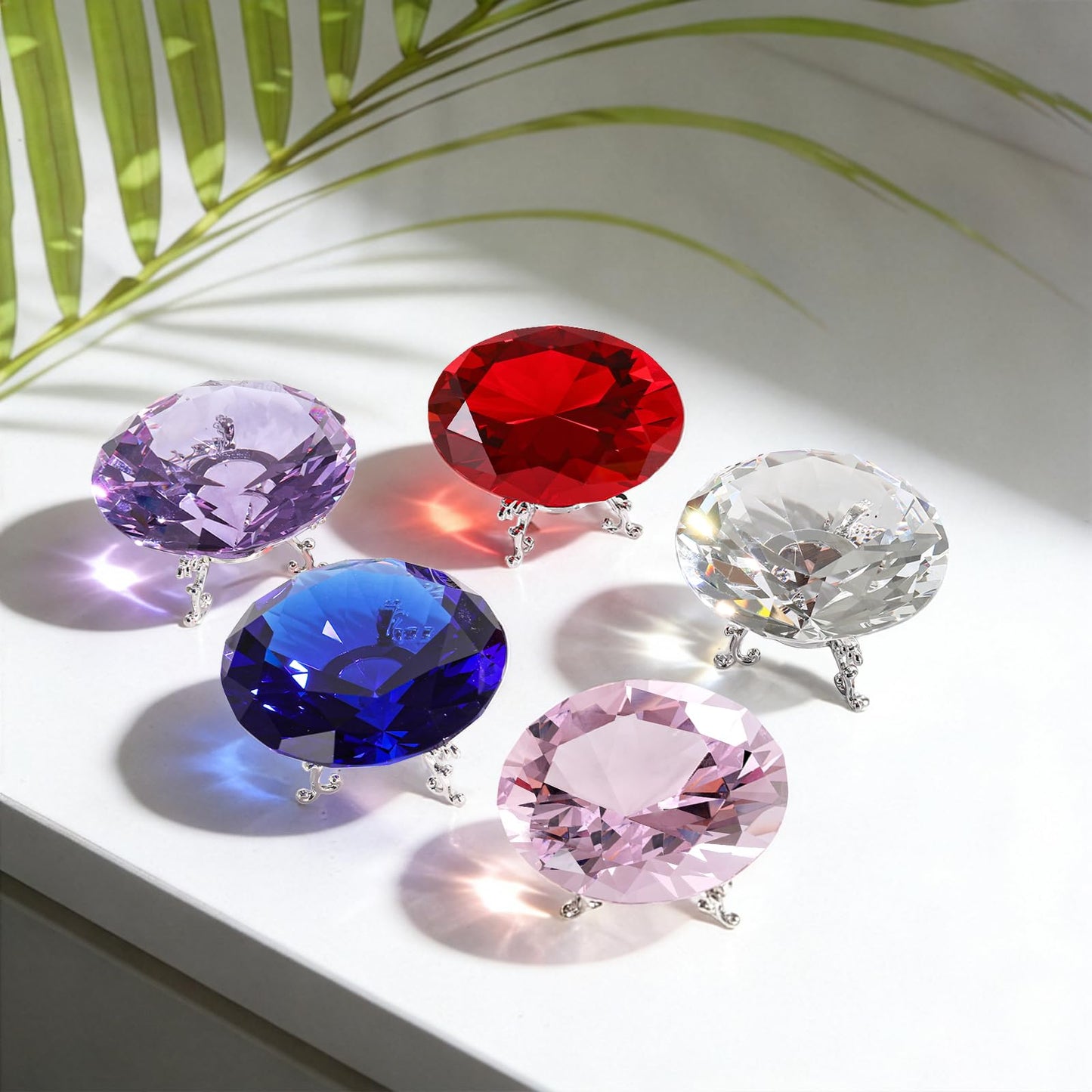 MysticGlitz Large Clear Crystal Diamond Paperweight with Silver Metal Stand, 3.15 Inch Faceted Glass Gemstone for Wedding Centerpiece Home Decor Table Decoration Fake Diamond Prism