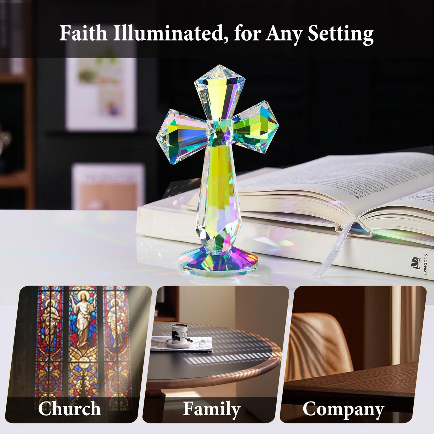 Crystal Glass Standing Cross Decor, Easter Christmas Decoration for Party Dad Man, Religious Gifts for Women Men Father Mother, Handmade Glass Holy Collectible Figurines