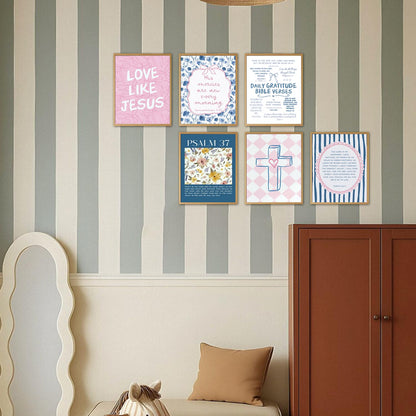 Pink Blue Christian Wall Art Set of 6, Preppy Bow Bible Verse Canvas Posters, Floral Scripture Wall Decor Pictures Jesus Religious Painting Trendy Prints for Girls Bedroom Dorm 8x10in Unframed