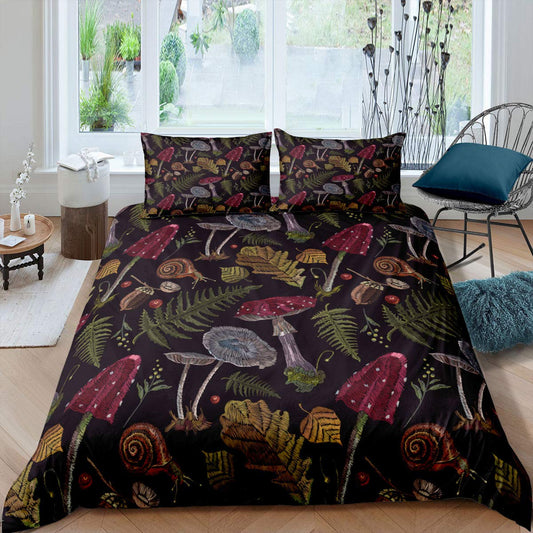 Wild Mushroom Duvet Cover Set Burgundy Plant Fall Thanksgiving Leaves Bedding Set 2pcs for Kids Farmhouse Style Snail Print Comforter Cover Soft Polyester Quilt Cover 1 Pillow Case Twin
