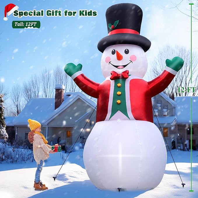 FunFanso 12 FT Christmas Inflatable Giant Snowman Outdoor Decorations, Blow up Snow Man Wear Magic Hat & Red Suit, Built-in Bright LED Lights for Holiday Lawn Yard Garden Patio Porch Xmas Party Decor