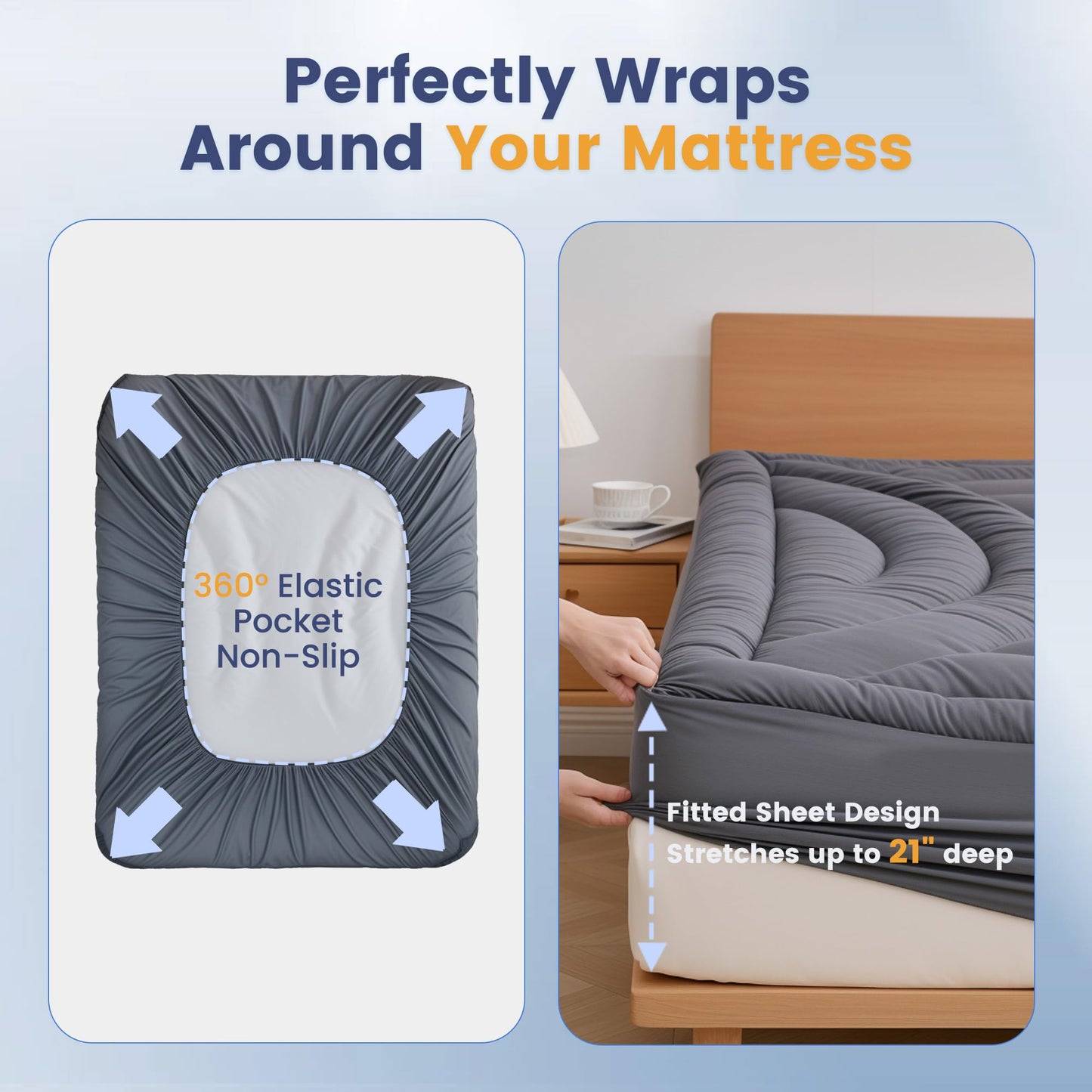 Waterproof Mattress Pad Full, Quilted Fitted Full Mattress Protector Waterproof, Soft Noiseless Mattress Topper Cover with 8"-21" Deep Pocket, Machine Washable, Grey, 54x75