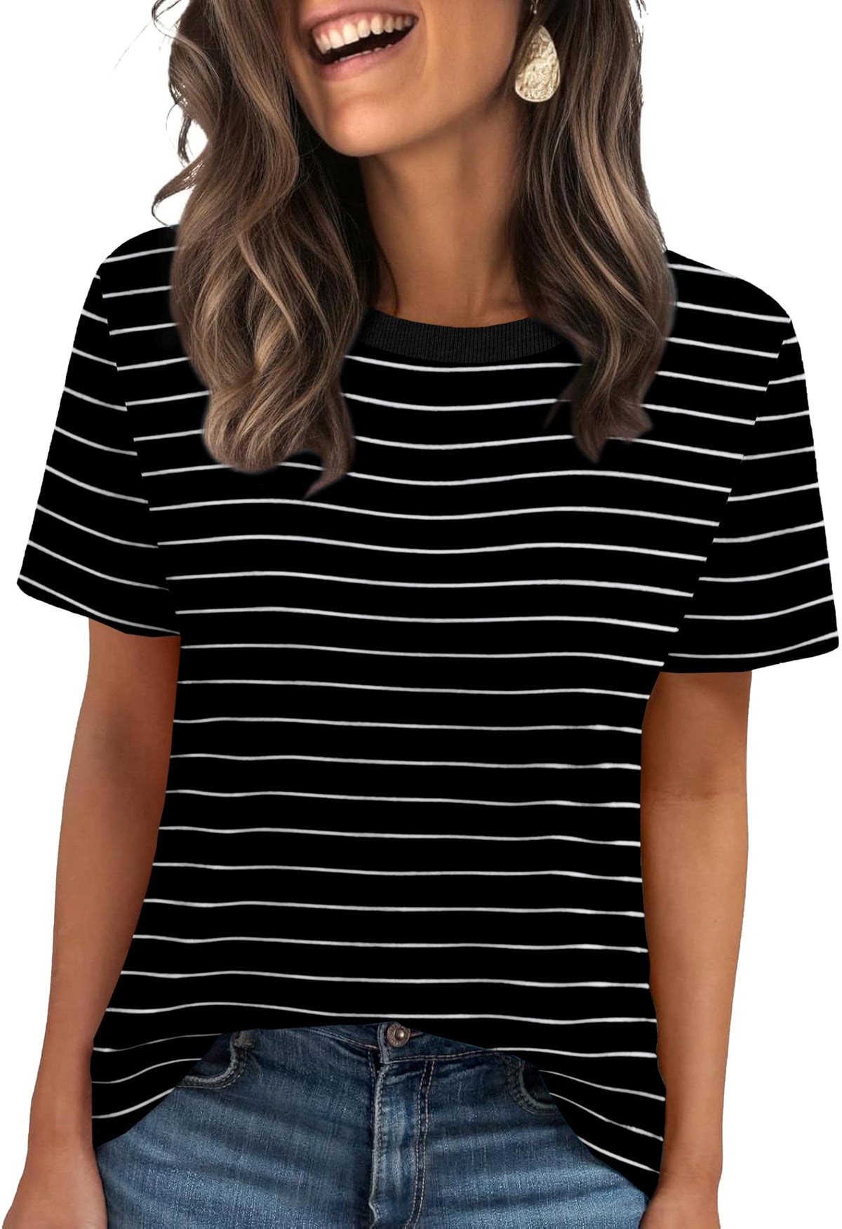 Jescakoo Short Sleeve T Shirts for Women Loose Fit Crew Neck Striped Tops XL