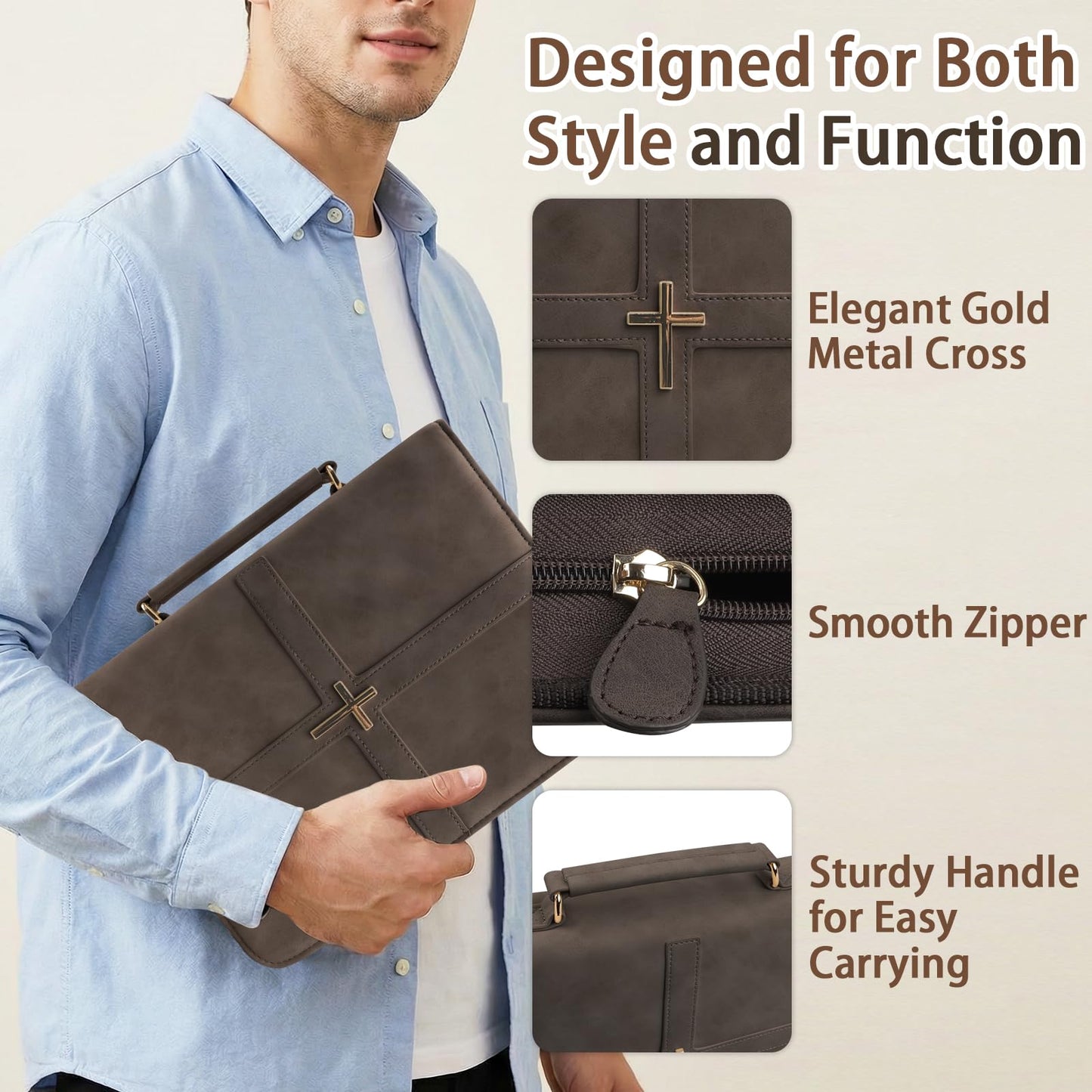 Classic Leather Bible Cover Case with Cross Design and Handle for Men Women, Durable Bible Study Supplies Organizer Carrying Bag, Perfect Christmas Gifts for Christians with Gift Box（Dark Brown