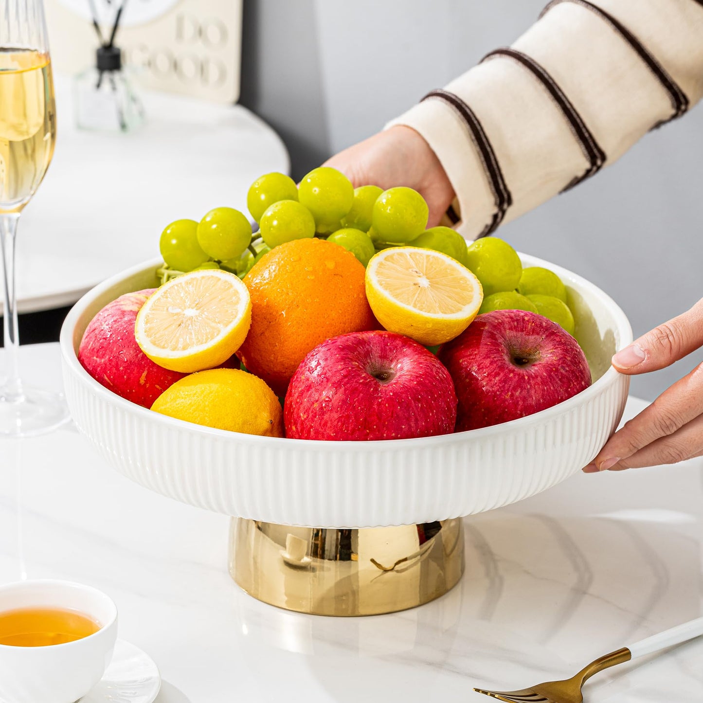 CCATSIX Ceramic Fruit Bowl,11-Inch Large Decorative Bowls,White Pedestal Tray and Gold Base, Fruit Bowl for Kitchen Counter, Bread and Fruit Trays,Salad or Dessert Display Trays for Parties. (XL)