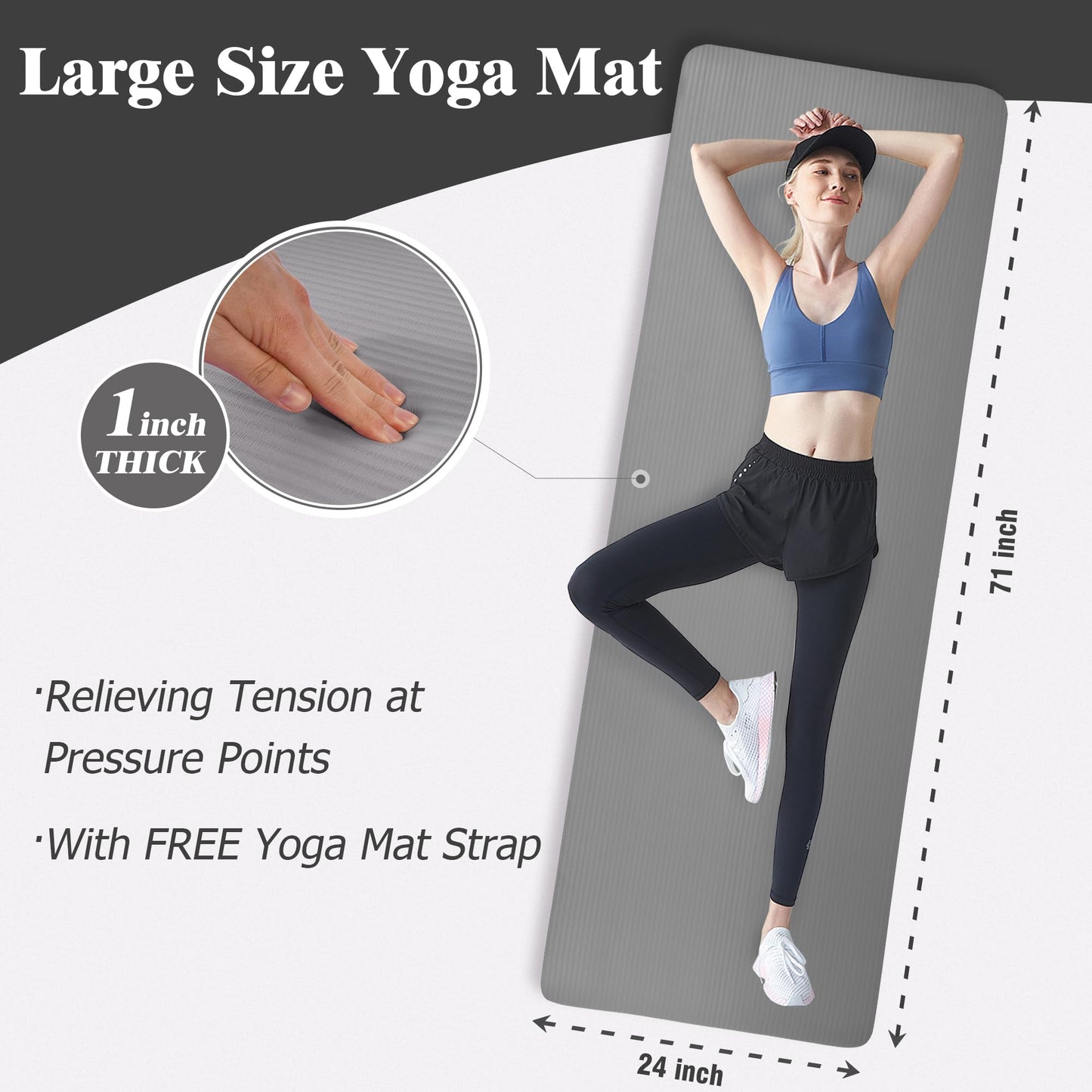 Fitvids Yoga Mat 1-Inch Extra Thick High-Density Exercise Mat with Non-Slip Surface & Carry Strap for Men & Women Tear-Resistant Pilates Workout Mat for Home Gym, Floor Fitness