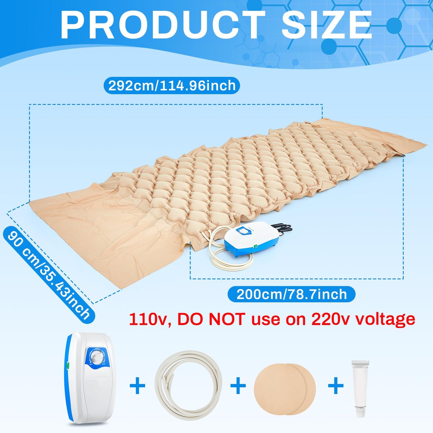 Kigley Alternating Pressure Mattress Hospital Bed Mattress with Electric Pump Alternating Pressure Pad for Bed Sores Prevention and Ease for Most Standard Beds, 114.96 x 35.43 Inches