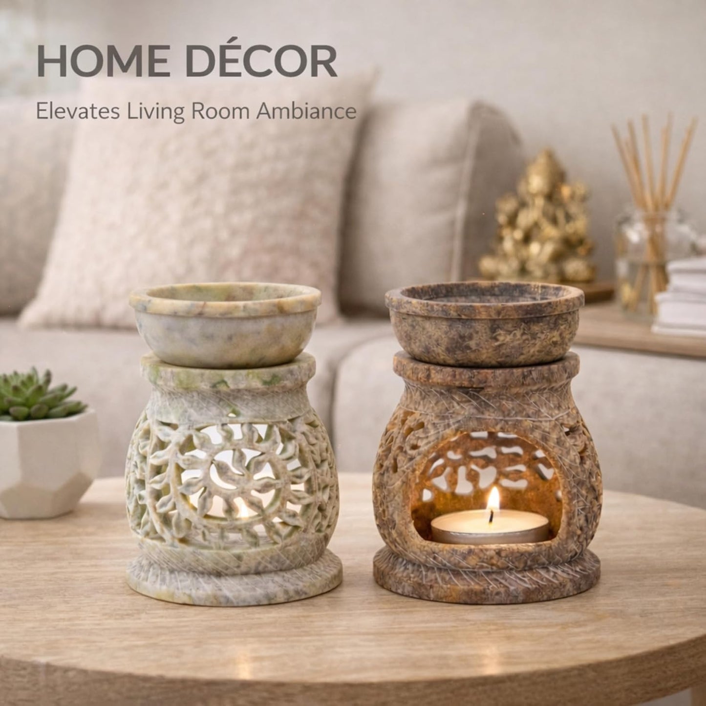 KC Kullicraft Marble Soapstone Candle Aroma Burner | Oil Diffuser | Tea Light Holder | Wax Burner- Handmade Flower Carving for Gifting & Decoration | Decorative Home and Office Decor.