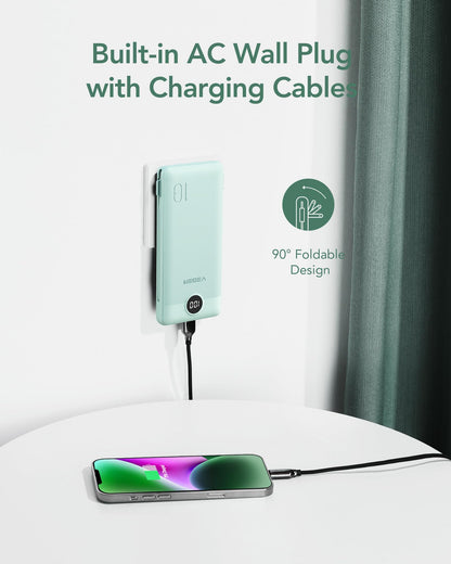 VEGER Portable Charger with Built-in AC Plug and Cables, All in One 10000mAh Ultra Slim Power Bank Travel Essentials, Fast Charging Battery Pack Compatible with iPhone, Samsung, Android (Green)