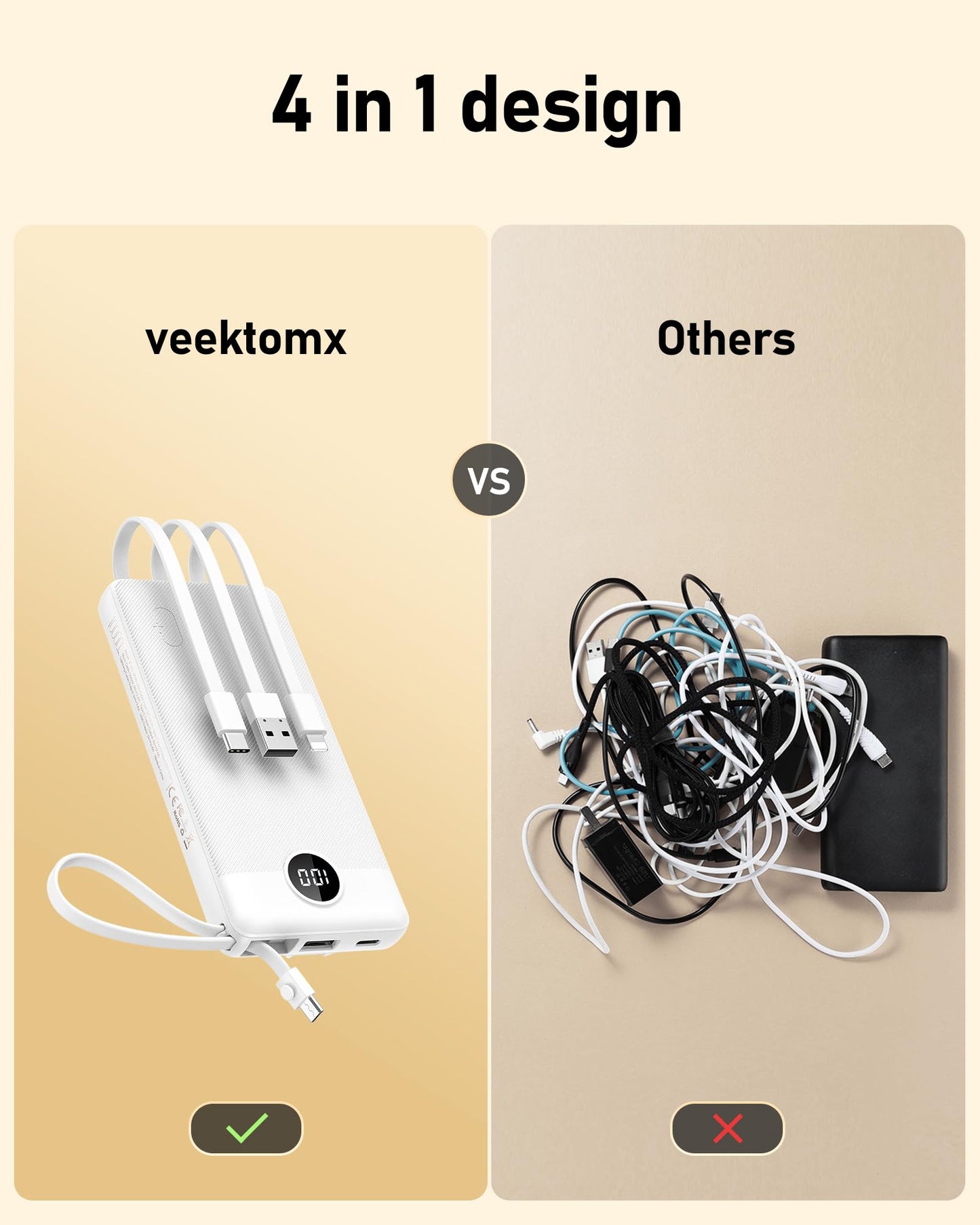 VEEKTOMX Portable Charger Built-in Cables,10000mAh Power Bank for iPhone,Fast Charge USB C Battery Pack Travel Essentials Powerbank Compatible with iPhone 17/16/15/14, Samsung S25/24, Android, etc
