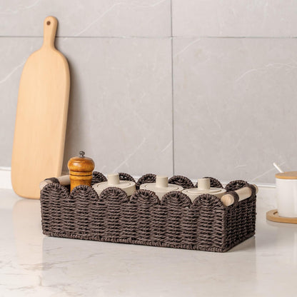 CubesLand Paper Rope Scalloped Edge Shelves Storage Basket, Woven Toilet Paper Baskets for Over Toilet Storage Shelf, Ending Table, Floating Shelves Organizing or Home Décor, with Wood Handle, Brown